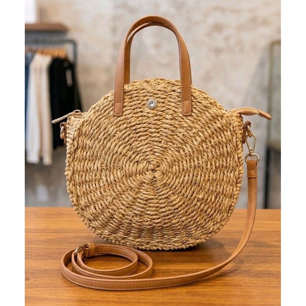LC Lauren Conrad Round Straw Crossbody Bag Woven Circle Purse Boho Cottagecore